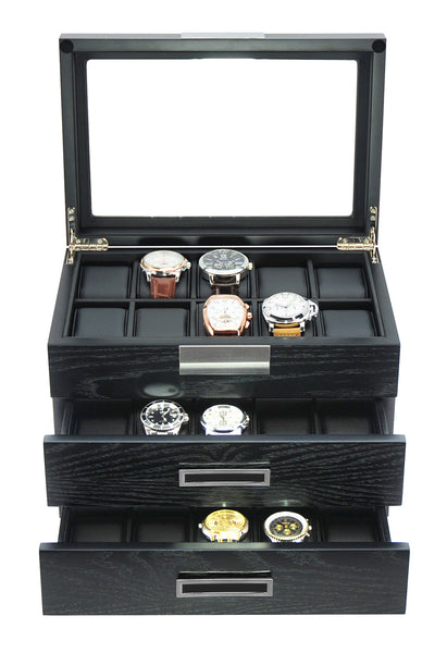 30-Piece Personalized Black Ebony Wood Watch Extra Height Clearance Display Case and 3 Drawer Storage Organizer Box