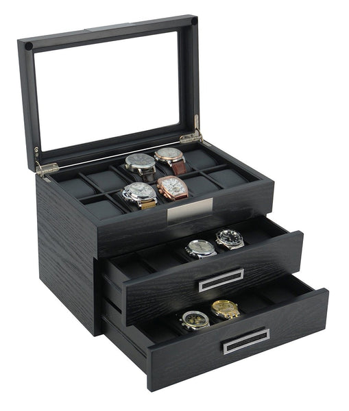 30-Piece Black Ebony Wood Watch Extra Height Clearance Display Case and 3 Drawer Storage Organizer Box