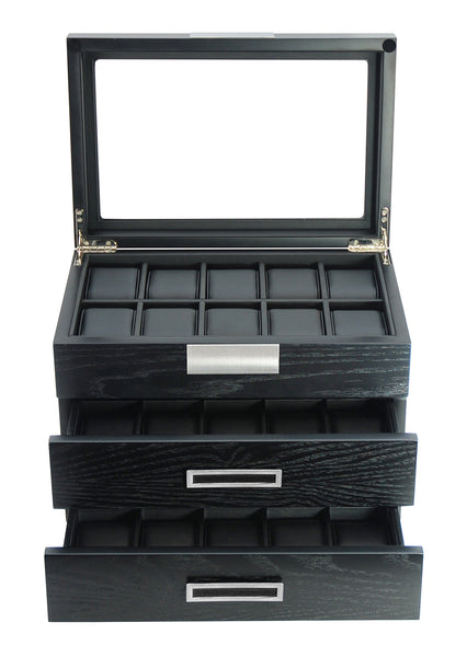 30-Piece Personalized Black Ebony Wood Watch Extra Height Clearance Display Case and 3 Drawer Storage Organizer Box