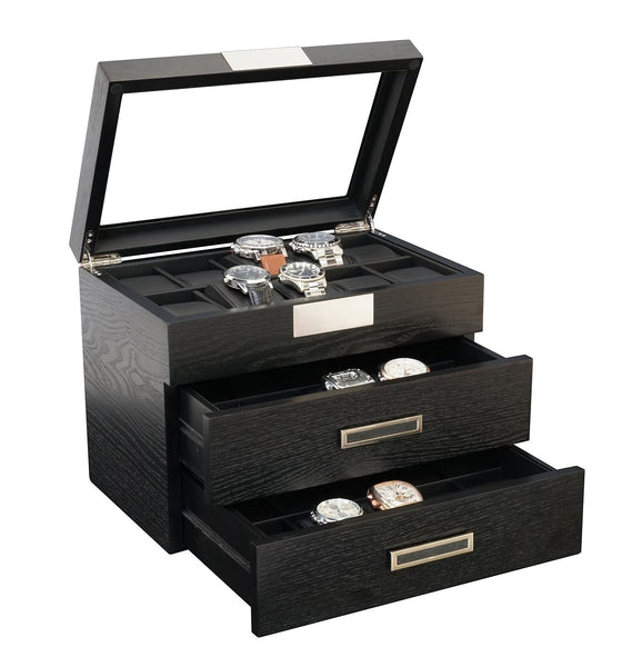 30-Piece Black Ebony Wood Watch Extra Height Clearance Display Case and 3 Drawer Storage Organizer Box