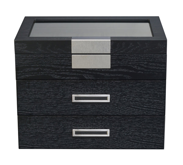 30-Piece Black Ebony Wood Watch Extra Height Clearance Display Case and 3 Drawer Storage Organizer Box