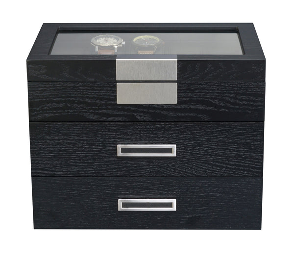 30-Piece Black Ebony Wood Watch Extra Height Clearance Display Case and 3 Drawer Storage Organizer Box