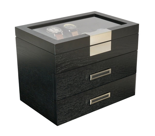 30-Piece Black Ebony Wood Watch Extra Height Clearance Display Case and 3 Drawer Storage Organizer Box