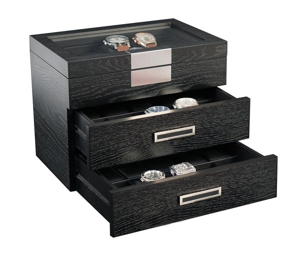 30-Piece Black Ebony Wood Watch Extra Height Clearance Display Case and 3 Drawer Storage Organizer Box