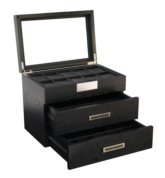 30-Piece Black Ebony Wood Watch Extra Height Clearance Display Case and 3 Drawer Storage Organizer Box