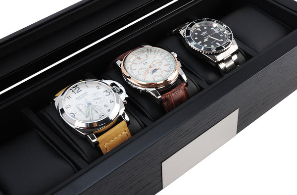 5 Piece Black Wood Watch Display Case Storage Organizer Box with Stainless Steel Accents