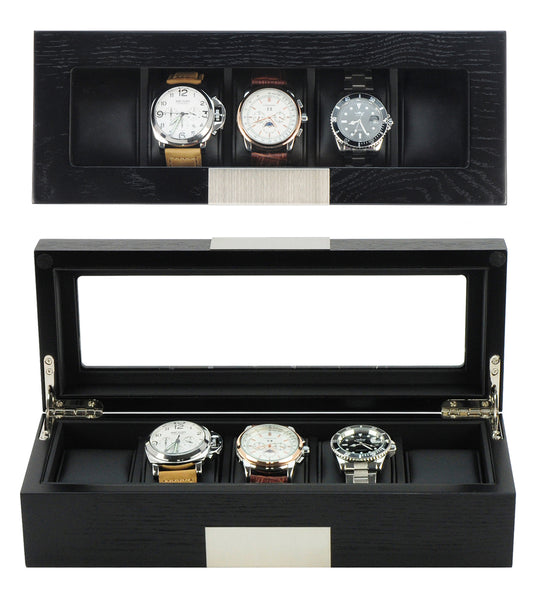 5 Piece Black Wood Watch Display Case Storage Organizer Box with Stainless Steel Accents