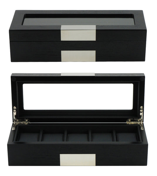 5 Piece Black Wood Watch Display Case Storage Organizer Box with Stainless Steel Accents