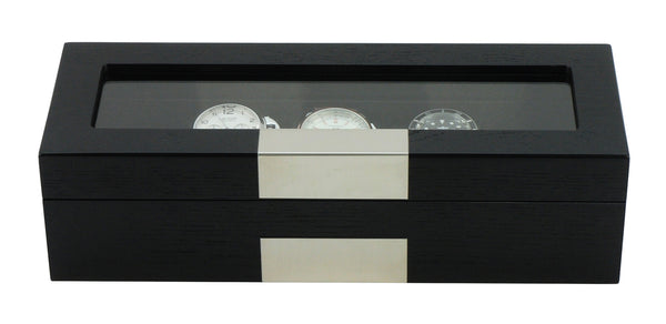 5 Piece Black Wood Watch Display Case Storage Organizer Box with Stainless Steel Accents