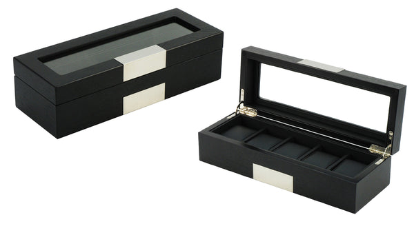 5 Piece Black Wood Watch Display Case Storage Organizer Box with Stainless Steel Accents
