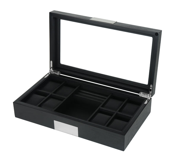 8 Ebony Black Wood Watch Box Display Cufflink Case Storage Jewelry Organizer with Glass Top, Stainless Steel Accents