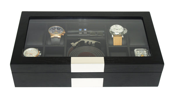 8 Ebony Black Wood Watch Box Display Cufflink Case Storage Jewelry Organizer with Glass Top, Stainless Steel Accents