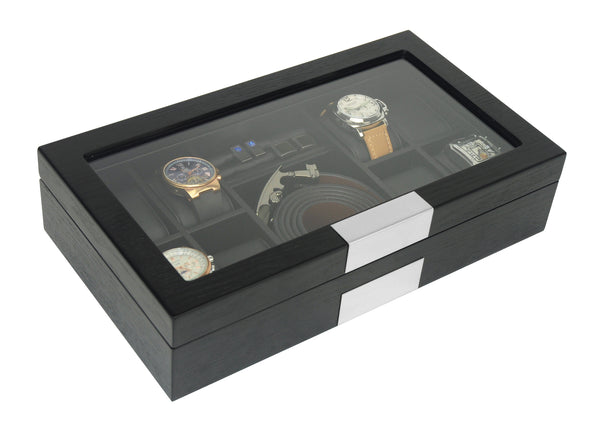 8 Ebony Black Wood Watch Box Display Cufflink Case Storage Jewelry Organizer with Glass Top, Stainless Steel Accents