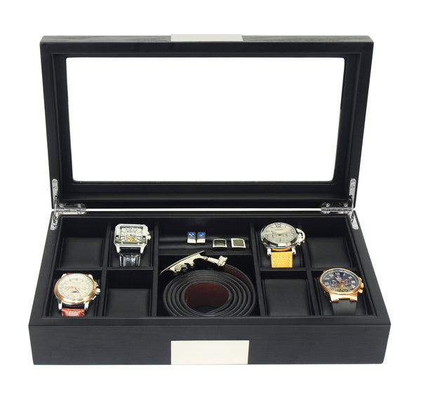 8 Ebony Black Wood Watch Box Display Cufflink Case Storage Jewelry Organizer with Glass Top, Stainless Steel Accents