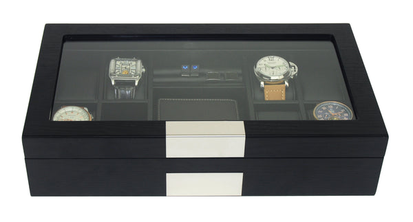 8 Ebony Black Wood Watch Box Display Cufflink Case Storage Jewelry Organizer with Glass Top, Stainless Steel Accents