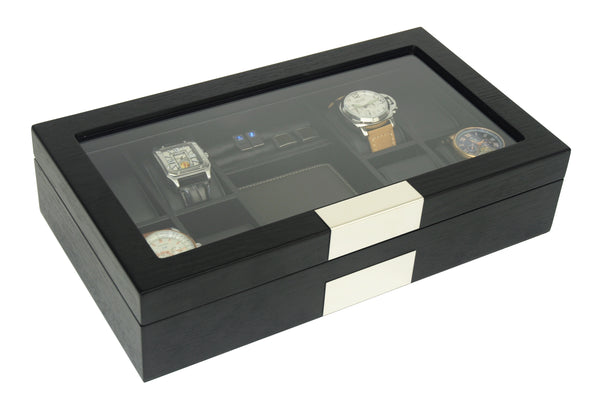 8 Ebony Black Wood Watch Box Display Cufflink Case Storage Jewelry Organizer with Glass Top, Stainless Steel Accents
