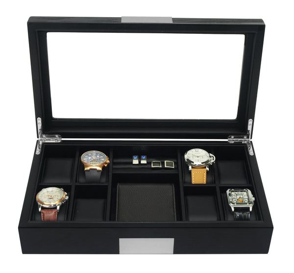 8 Ebony Black Wood Watch Box Display Cufflink Case Storage Jewelry Organizer with Glass Top, Stainless Steel Accents