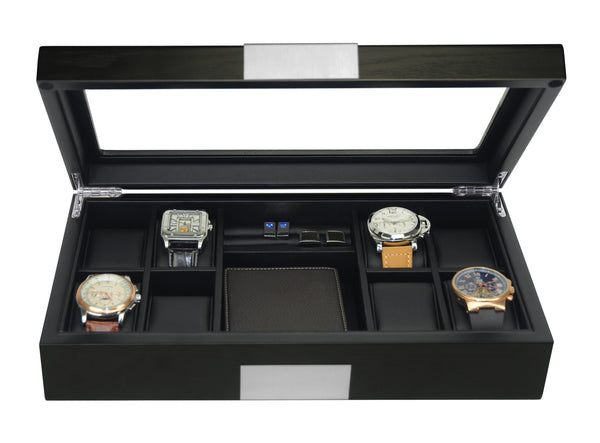 8 Ebony Black Wood Watch Box Display Cufflink Case Storage Jewelry Organizer with Glass Top, Stainless Steel Accents