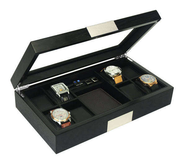 8 Ebony Black Wood Watch Box Display Cufflink Case Storage Jewelry Organizer with Glass Top, Stainless Steel Accents