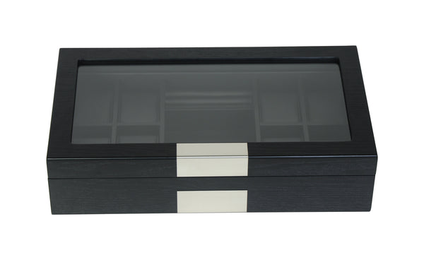 8 Ebony Black Wood Watch Box Display Cufflink Case Storage Jewelry Organizer with Glass Top, Stainless Steel Accents