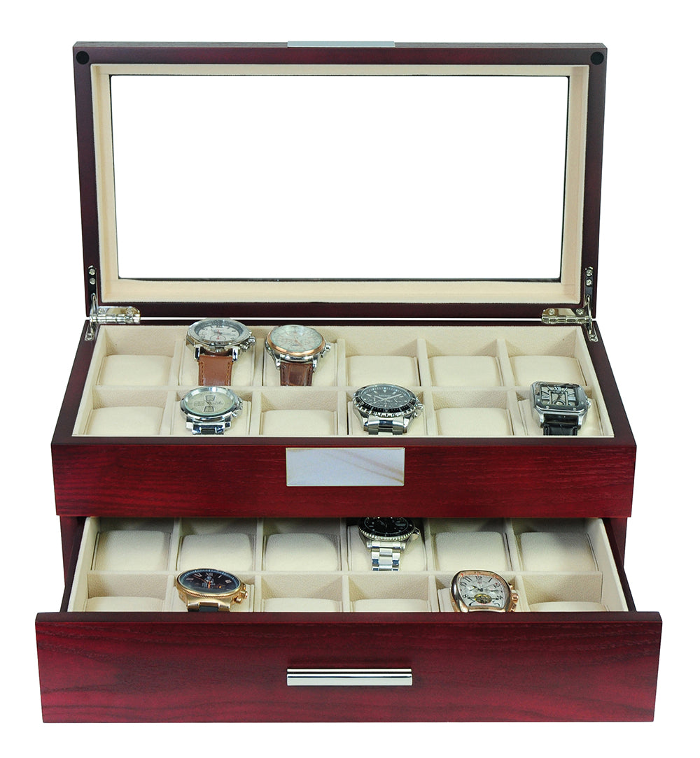 TIMELYBUYS XL Oversized Extra Large Wood Watch Display Case and Storage Organizer Jewelry Box with Glass Top