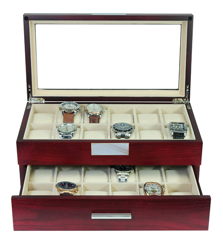 24 Oversized Extra Large Cherry Wood Watch Box Display Case 2 Level Storage Jewelry Organizer with Glass Top