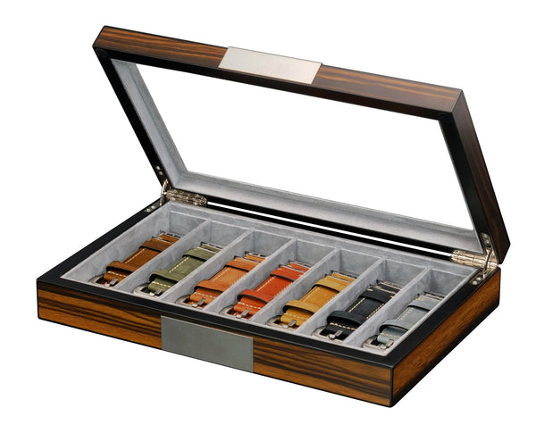 Personalized Walnut Wood Watch Band Storage Display Case with Glass Top and Stainless Steel Accents
