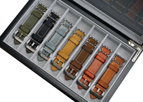 TimelyBuys Walnut Wood Watch Band Storage Display Case with Glass Top and Stainless Steel Accents and Hinges for Smart Watchbands, Apple Watch Bands, Samsung, Oversized Watch Bands