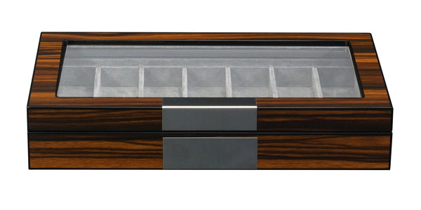 Personalized Walnut Wood Watch Band Storage Display Case with Glass Top and Stainless Steel Accents