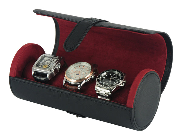 3 Watch Roll Black Saffiano Travel Watch Bracelet Case