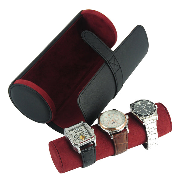 3 Watch Roll Black Saffiano Travel Watch Bracelet Case