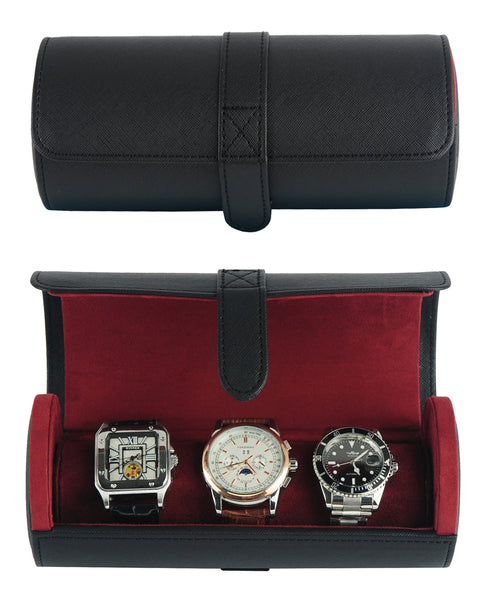 3 Watch Roll Black Saffiano Travel Watch Bracelet Case