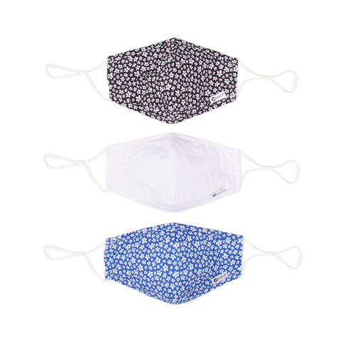 Miamica Set of 3 Fashion Cloth Face Mask - Black and White Floral, Solid White, Blue Floral