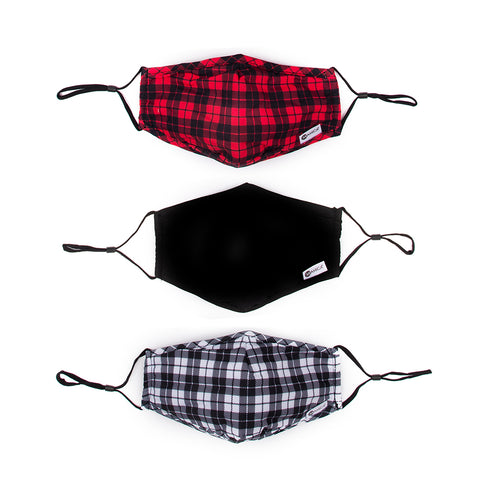 Miamica Set of 3 Fashion Cloth Face Mask - Red Plaid, Black & White Plaid, Black