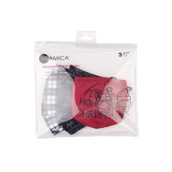 Miamica Set of 3 Fashion Cloth Face Mask - Black & White Plaid, Black and White Winter Motif, Red