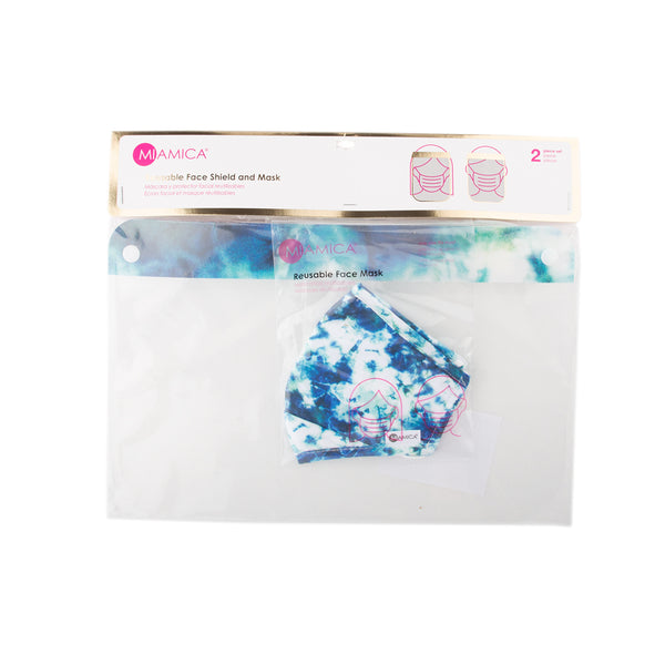 Miamica 2 Piece Coordinating Reusable Face Shield & Face Mask - Blue Tie Dye