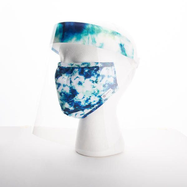 Miamica 2 Piece Coordinating Reusable Face Shield & Face Mask - Blue Tie Dye