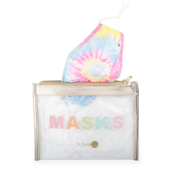 Miamica Two Piece Set - Gold Travel Mask Organizer and Tie Dye Print Face Mask Cotton Breathable Double Layer Adjustable Ear Strap