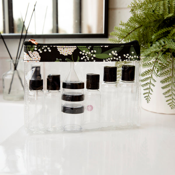 Miamica TSA Compliant Carry On Case Assorted Bottles-  Black Floral