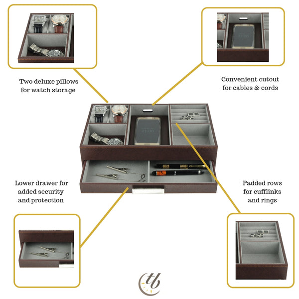 Brown Leatherette Charging Station Valet Tray Desk Dresser Drawer Coin Case for Keys, Phone, Jewelry, Watches