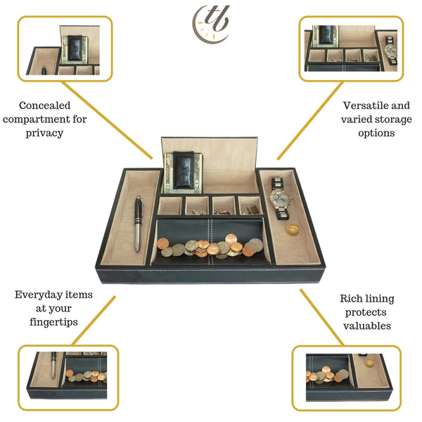 Black Leatherette Valet Tray Desk Organizer and Catchall for Phone, Keys, Coins, and More