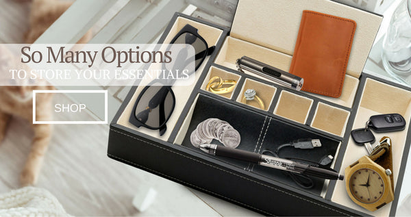 Black Leatherette Valet Tray Desk Organizer and Catchall for Phone, Keys, Coins, and More