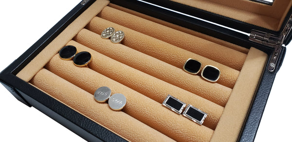 Black Leatherette Personalized Cufflink Case & Ring Storage Organizer Stainless Engravable Jewelry Box