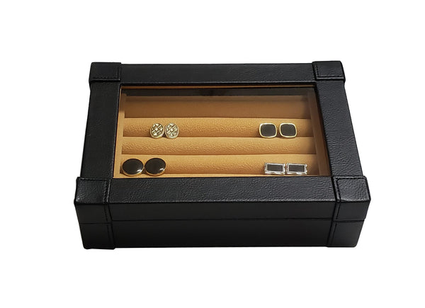 Black Leatherette Personalized Cufflink Case & Ring Storage Organizer Stainless Engravable Jewelry Box