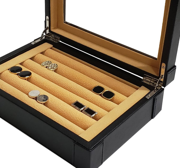 Black Leatherette Personalized Cufflink Case & Ring Storage Organizer Stainless Engravable Jewelry Box