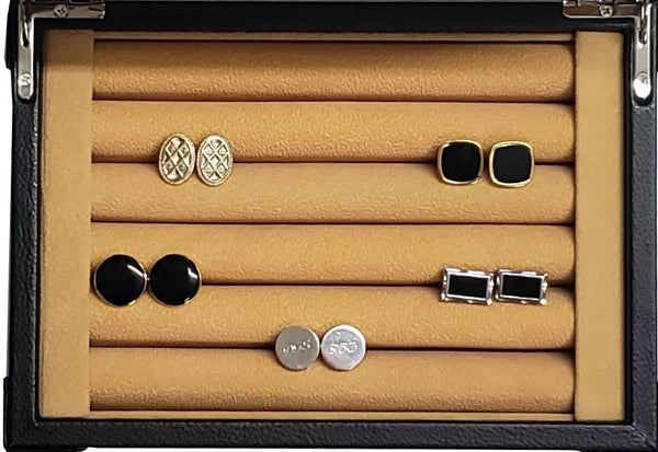 Black Leatherette Personalized Cufflink Case & Ring Storage Organizer Stainless Engravable Jewelry Box