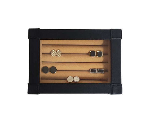 Black Leatherette Personalized Cufflink Case & Ring Storage Organizer Stainless Engravable Jewelry Box