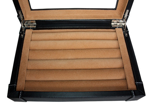 a wooden bench sitting in the middle of a room 