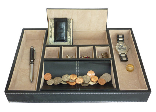 Black Leatherette Valet Tray Desk Organizer and Catchall for Phone, Keys, Coins, and More