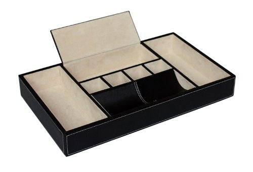 Black Leatherette Valet Tray Desk Organizer and Catchall for Phone, Keys, Coins, and More